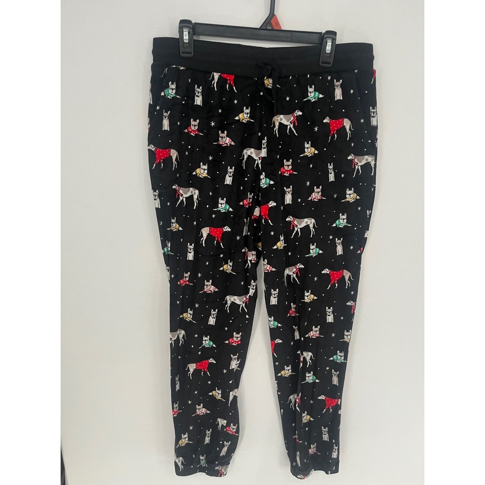 Secret Treasures Christmas Dog Pajama Pants Black Plush Joggers Large 12-14